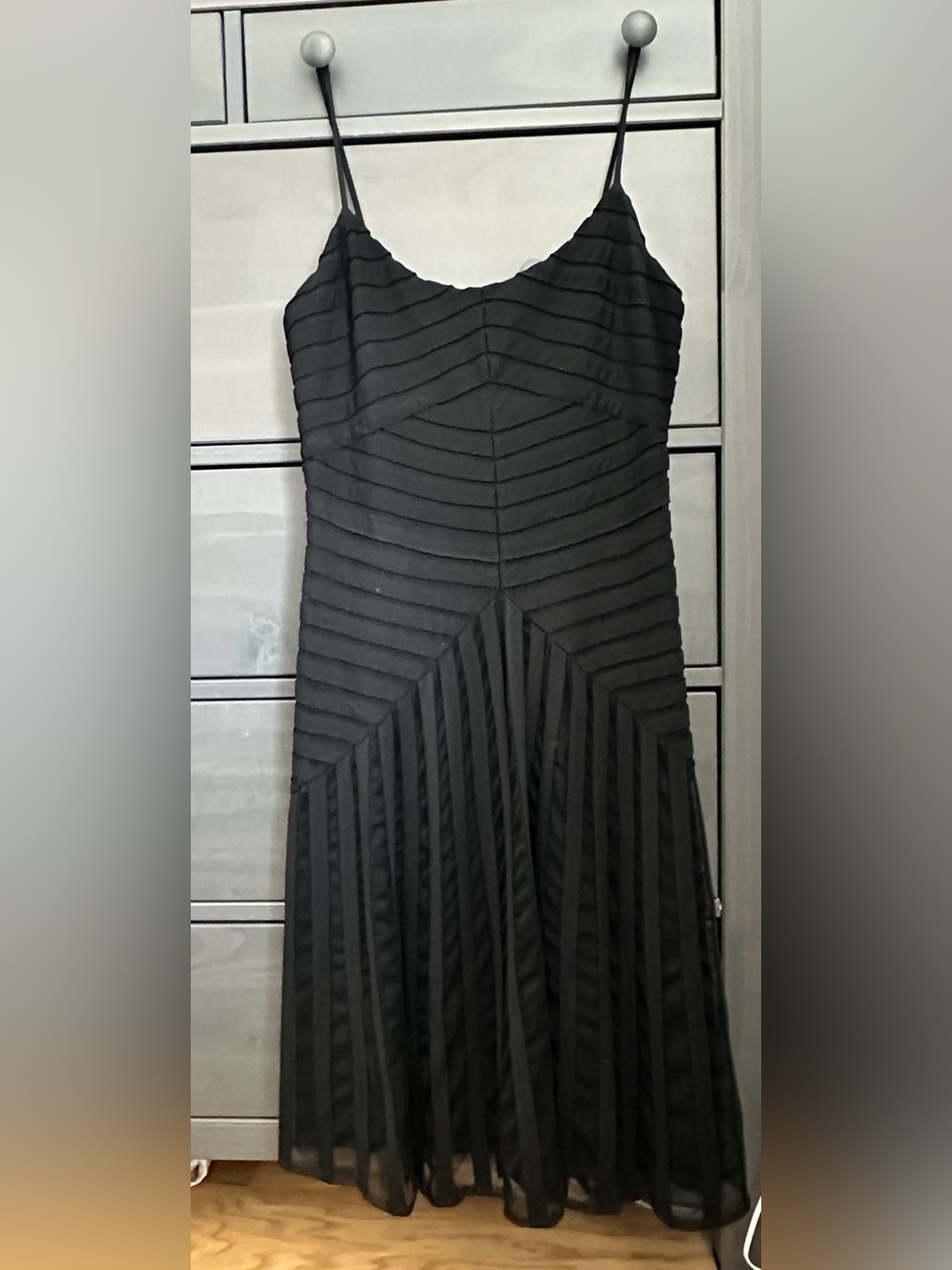 Chetta B Black Mesh Ribbon Dress Size 10 Sleeveless Spaghetti Strap Flared Midi